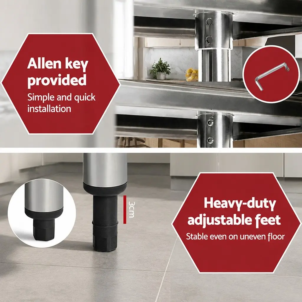 Stainless Steel Kitchen Bench with Lockable Wheels Adjustable Shelf Silver 1219 x 610 x 890mm