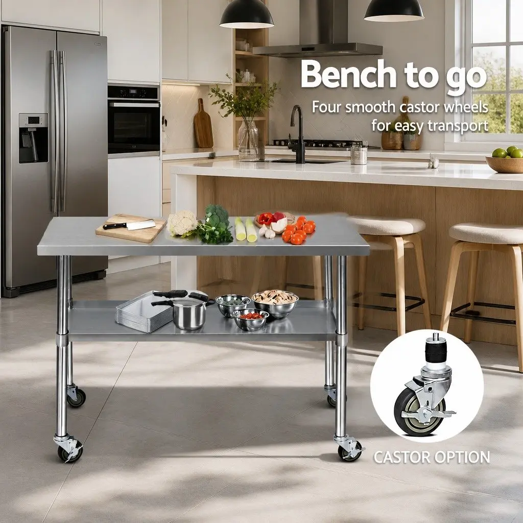 Stainless Steel Kitchen Bench with Lockable Wheels Adjustable Shelf Silver 1219 x 610 x 890mm