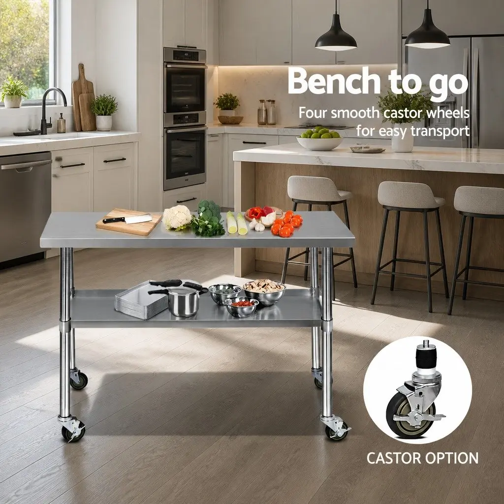 Stainless Steel Kitchen Bench with Lockable Wheels Adjustable Shelf Silver 1219 x 610 x 890mm
