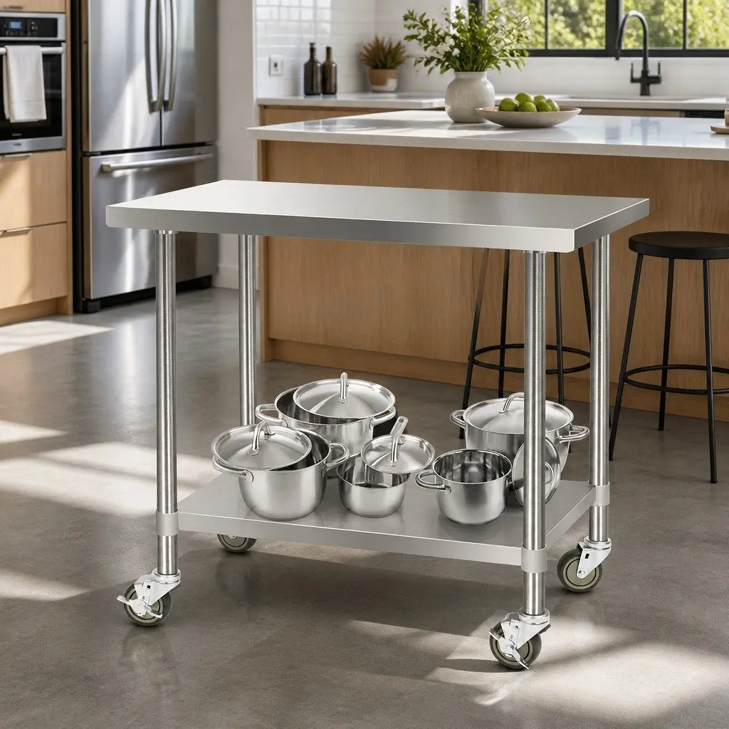 Stainless Steel Kitchen Bench with Lockable Wheels Adjustable Shelf Silver 1219 x 610 x 890mm