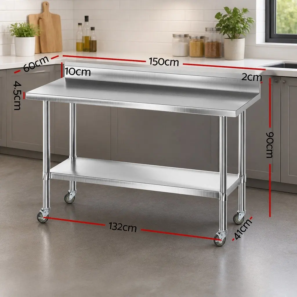 Stainless Steel Kitchen Work Bench 1500x600mm Silver Splashback Undershelf Prep Table