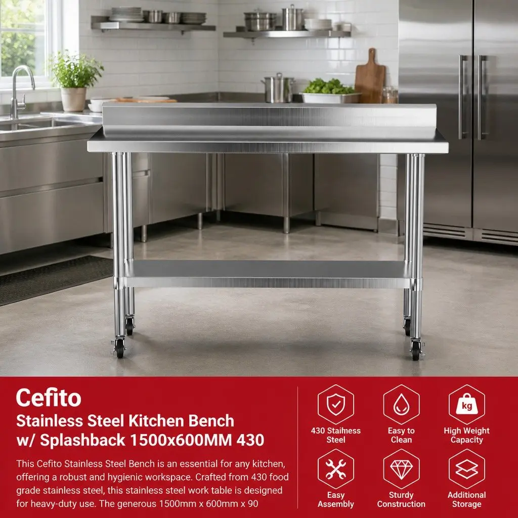 Stainless Steel Kitchen Work Bench 1500x600mm Silver Splashback Undershelf Prep Table