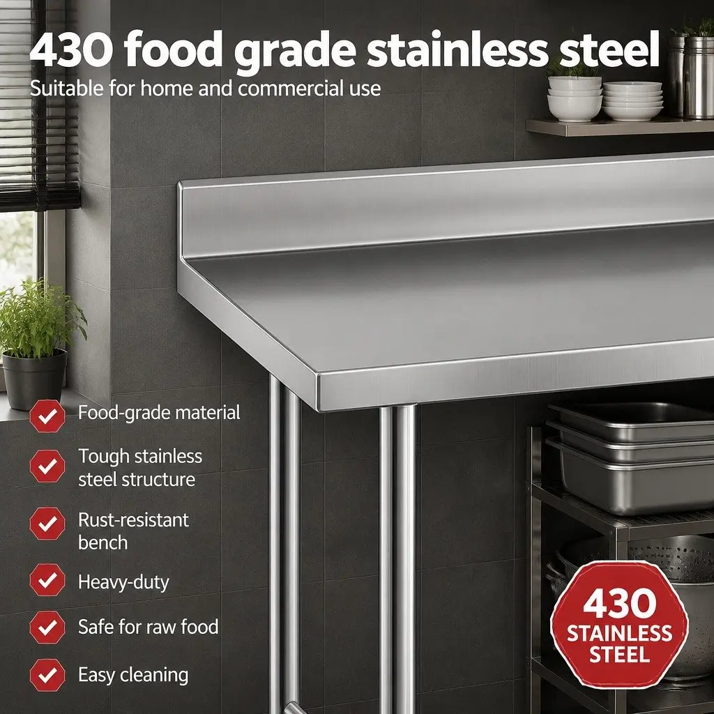 Stainless Steel Kitchen Work Bench 1500x600mm Silver Splashback Undershelf Prep Table