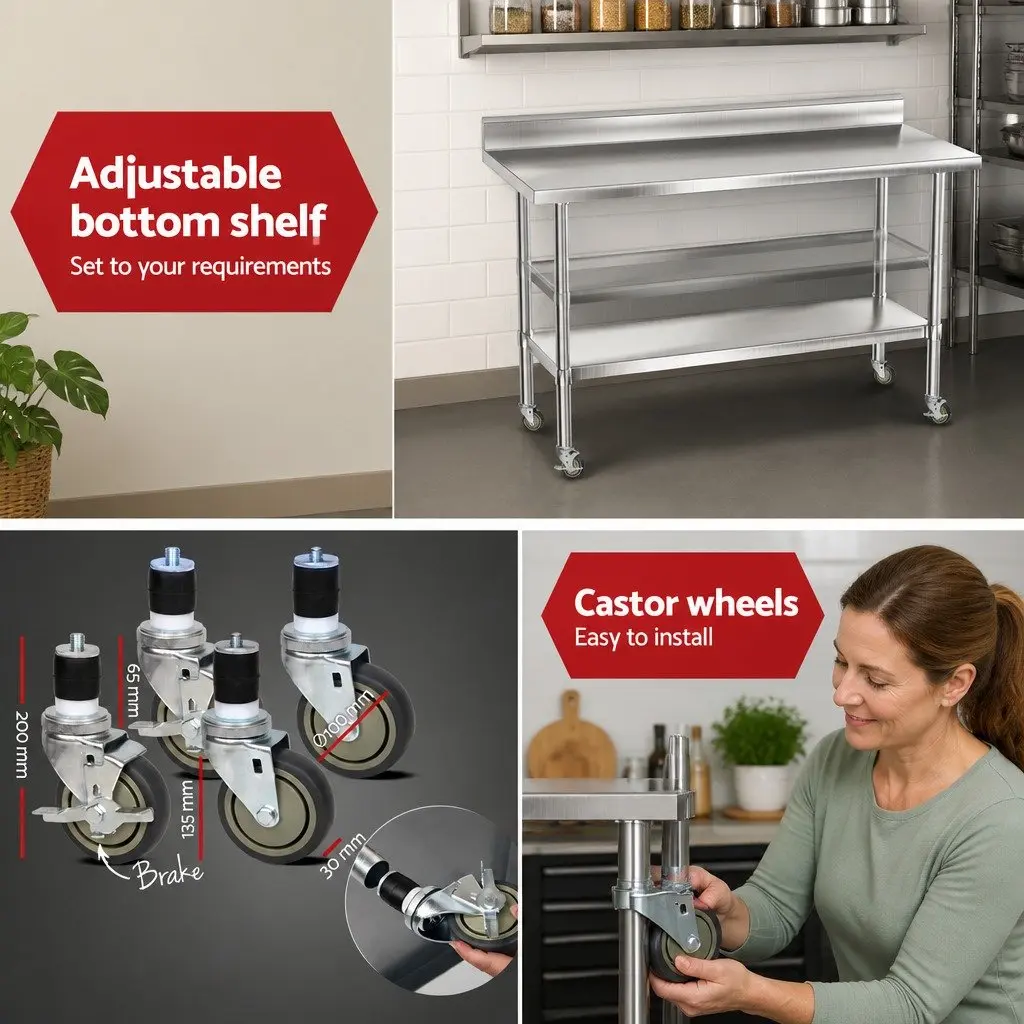 Stainless Steel Kitchen Work Bench 1500x600mm Silver Splashback Undershelf Prep Table