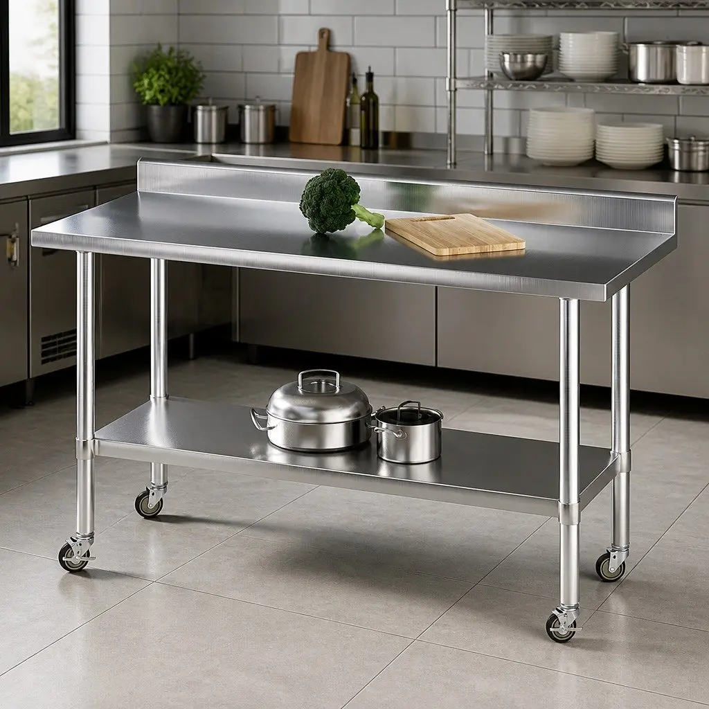 Stainless Steel Kitchen Work Bench 1500x600mm Silver Splashback Undershelf Prep Table