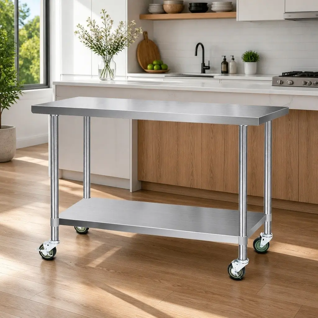 Stainless Steel Kitchen Bench with Wheels Adjustable Shelf Silver 1524 x 610 x 980mm