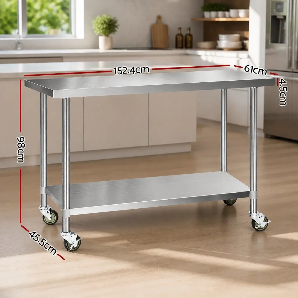 Stainless Steel Kitchen Bench with Wheels Adjustable Shelf Silver 1524 x 610 x 980mm