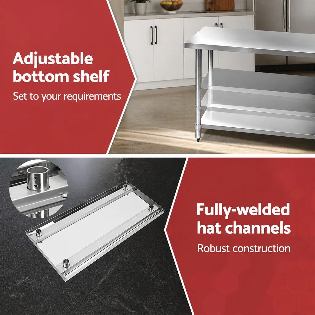 Stainless Steel Kitchen Bench with Wheels Adjustable Shelf Silver 1524 x 610 x 980mm