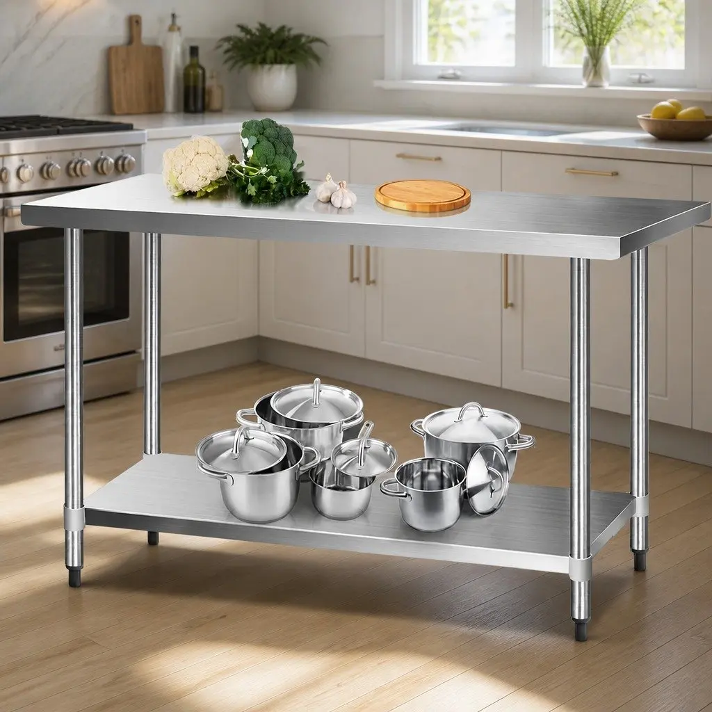 Stainless Steel Kitchen Bench with Wheels Adjustable Shelf Silver 1524 x 610 x 980mm