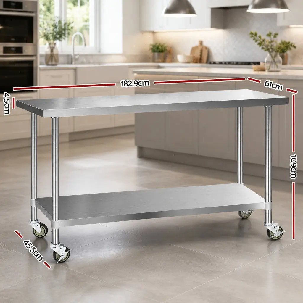 Mobile Kitchen Work Table Stainless Steel with Lockable Castor Wheels Adjustable Shelving 1829mm