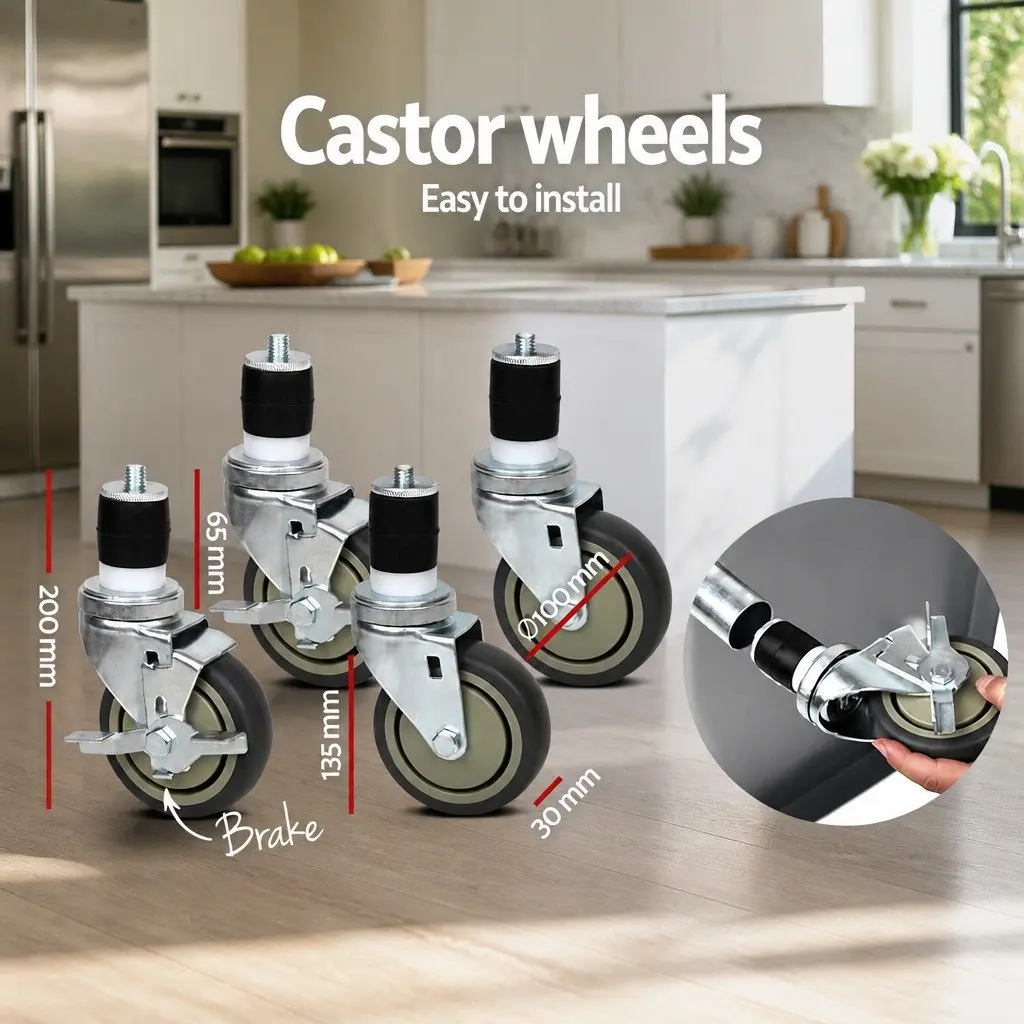 Mobile Kitchen Work Table Stainless Steel with Lockable Castor Wheels Adjustable Shelving 1829mm
