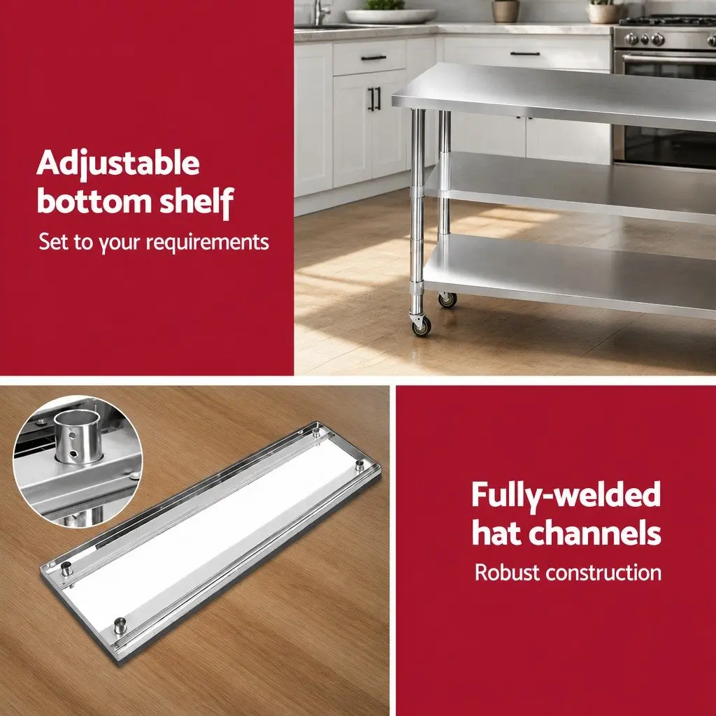 Mobile Kitchen Work Table Stainless Steel with Lockable Castor Wheels Adjustable Shelving 1829mm