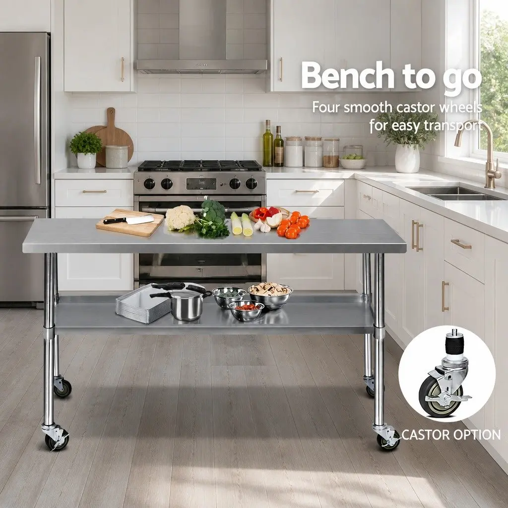 Mobile Kitchen Work Table Stainless Steel with Lockable Castor Wheels Adjustable Shelving 1829mm
