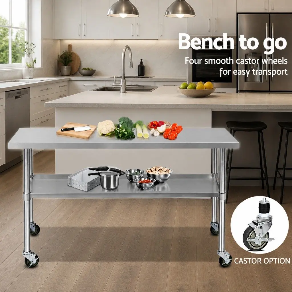 Mobile Kitchen Work Table Stainless Steel with Lockable Castor Wheels Adjustable Shelving 1829mm