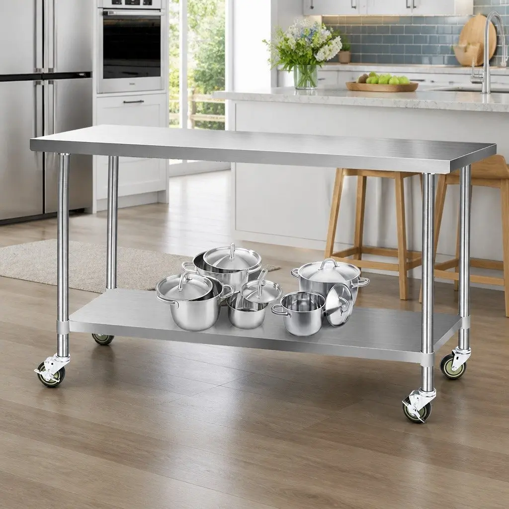 Mobile Kitchen Work Table Stainless Steel with Lockable Castor Wheels Adjustable Shelving 1829mm
