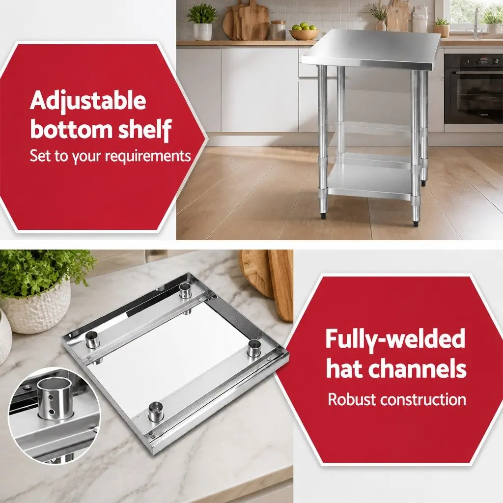 Stainless Steel Kitchen Work Bench 610x610mm Commercial Grade Prep Table Silver