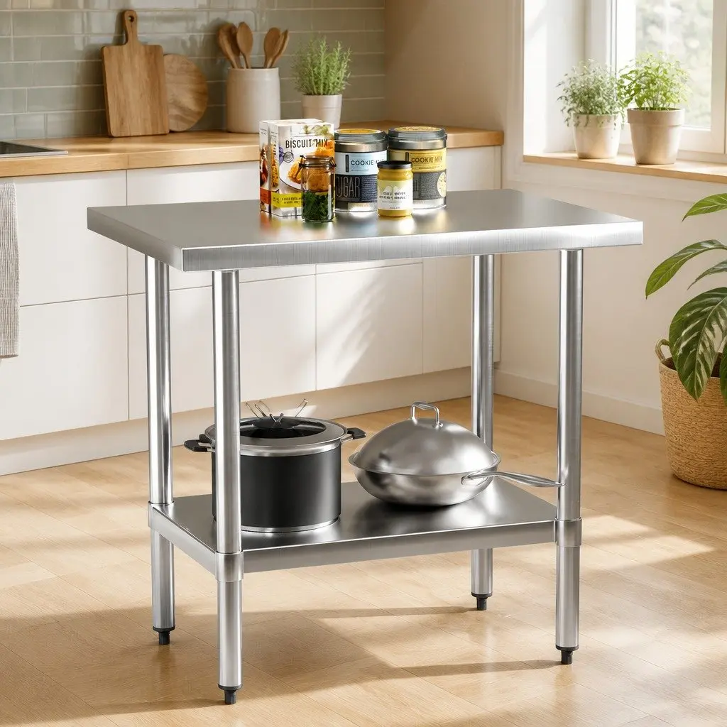 Stainless Steel Kitchen Preparation Workbench 910x610mm Silver with Adjustable Under-Shelf for Home and Commercial Use