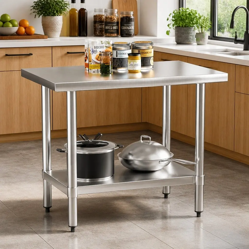 Stainless Steel Kitchen Preparation Workbench 910x610mm Silver with Adjustable Under-Shelf for Home and Commercial Use