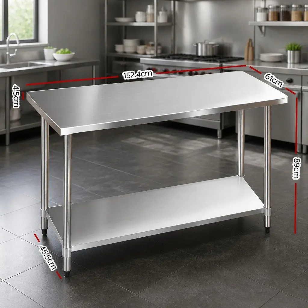 Stainless Steel Kitchen Prep Table Workbench 1524x610mm Adjustable Undershelving Silver Heavy Duty