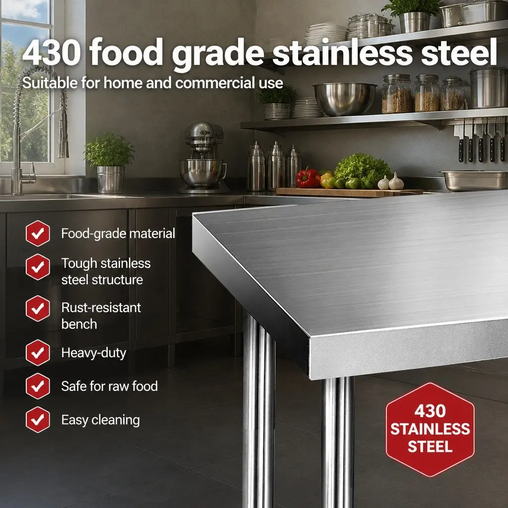 Stainless Steel Kitchen Prep Table Workbench 1524x610mm Adjustable Undershelving Silver Heavy Duty