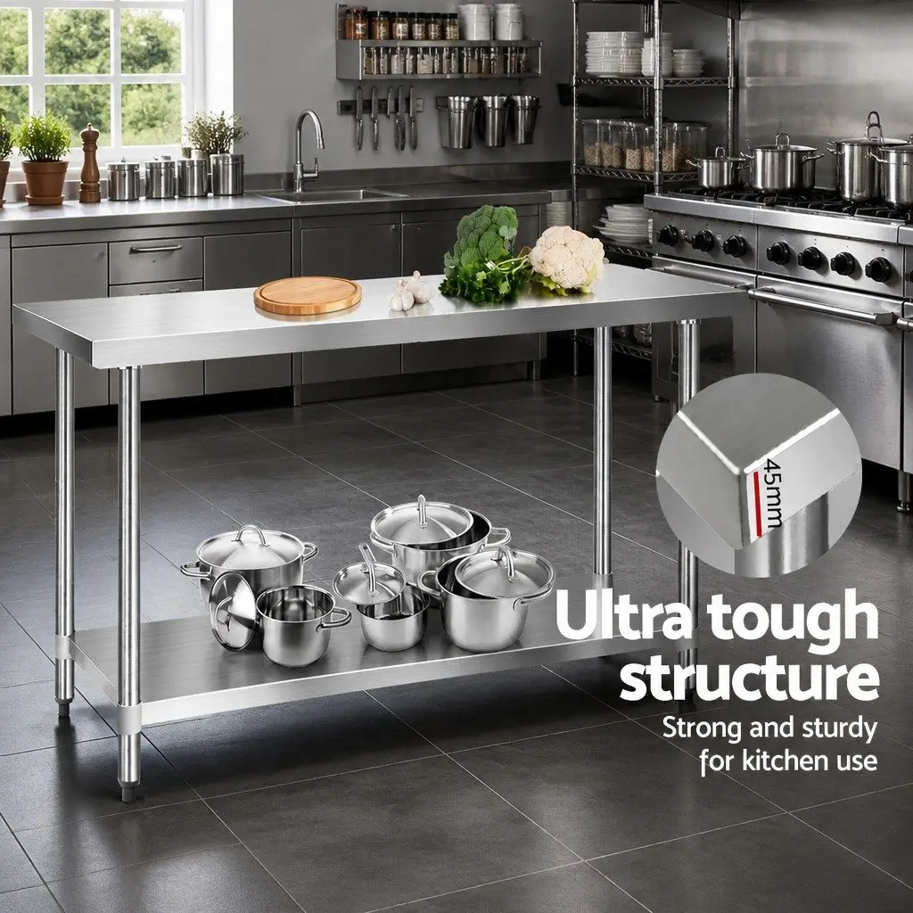Stainless Steel Kitchen Prep Table Workbench 1524x610mm Adjustable Undershelving Silver Heavy Duty