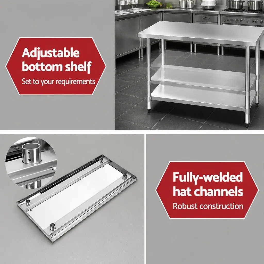 Stainless Steel Kitchen Prep Table Workbench 1524x610mm Adjustable Undershelving Silver Heavy Duty