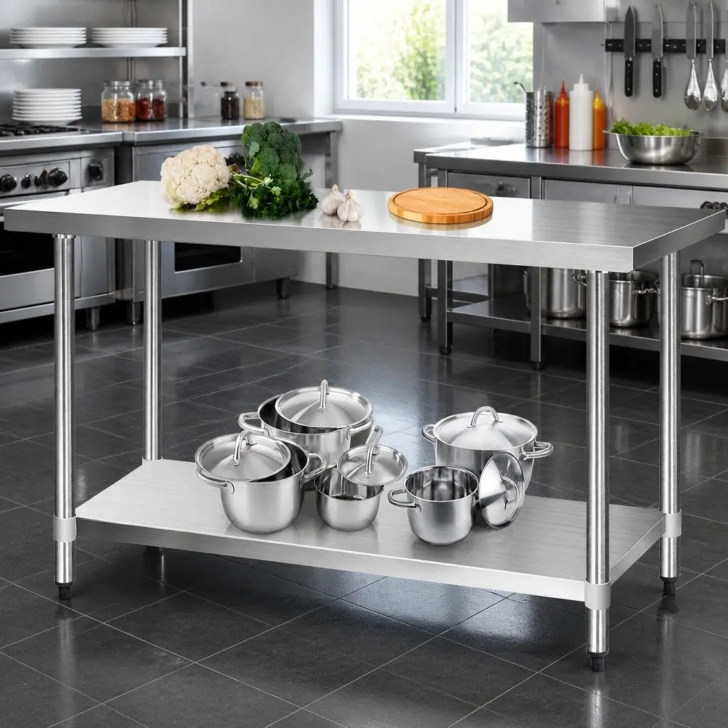 Stainless Steel Kitchen Prep Table Workbench 1524x610mm Adjustable Undershelving Silver Heavy Duty