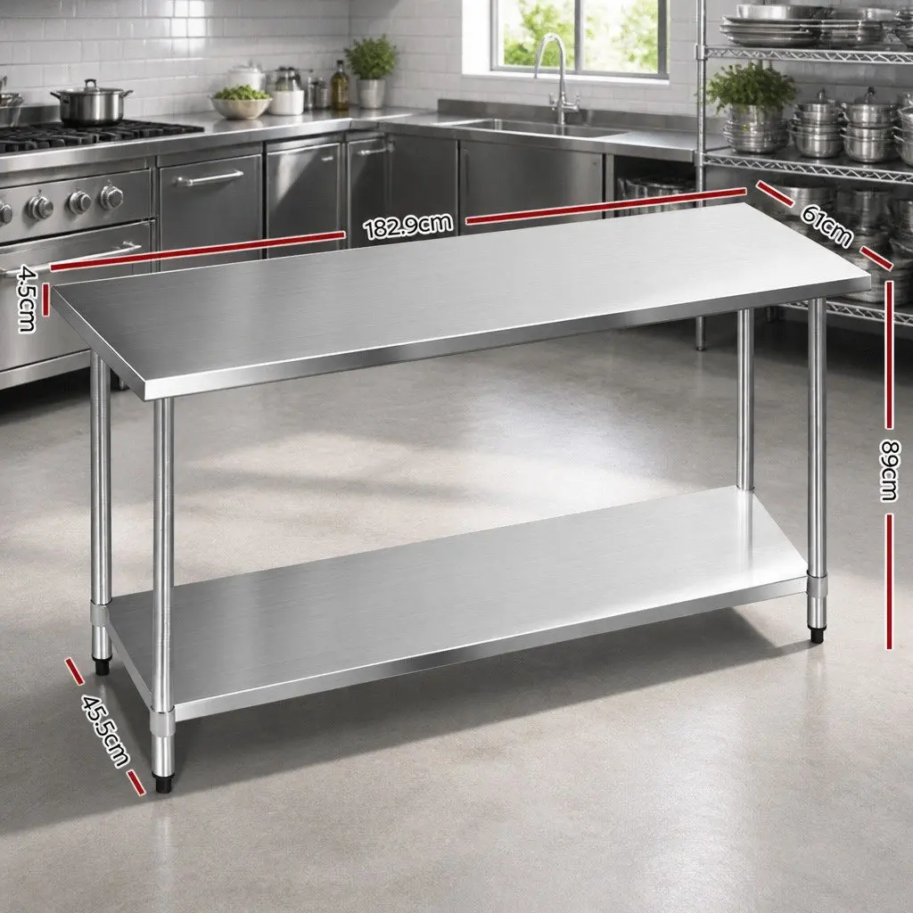 Stainless Steel Food Preparation Workbench 1829x610mm Heavy Duty with Adjustable Under-shelving and Bullet Feet Silver