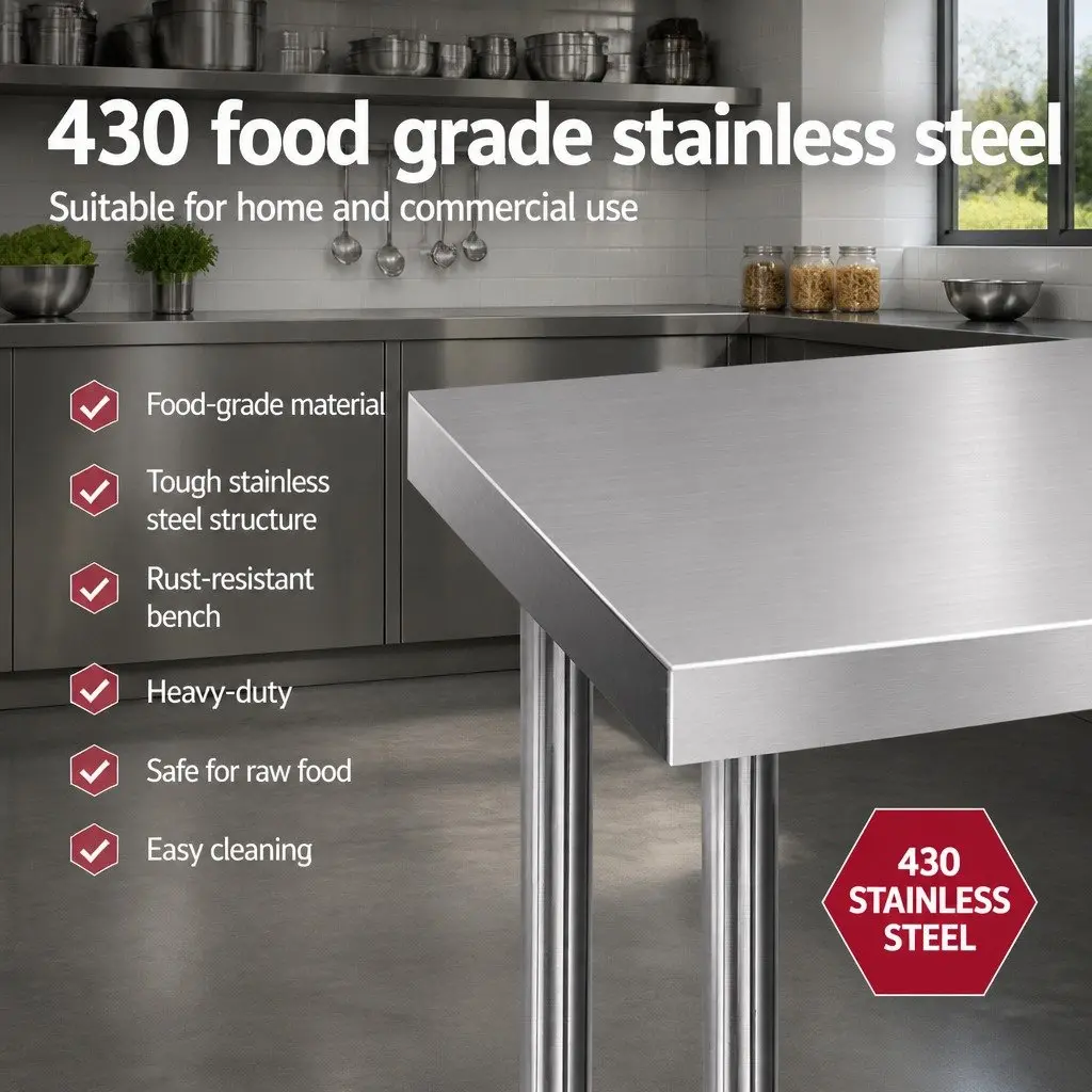 Stainless Steel Food Preparation Workbench 1829x610mm Heavy Duty with Adjustable Under-shelving and Bullet Feet Silver