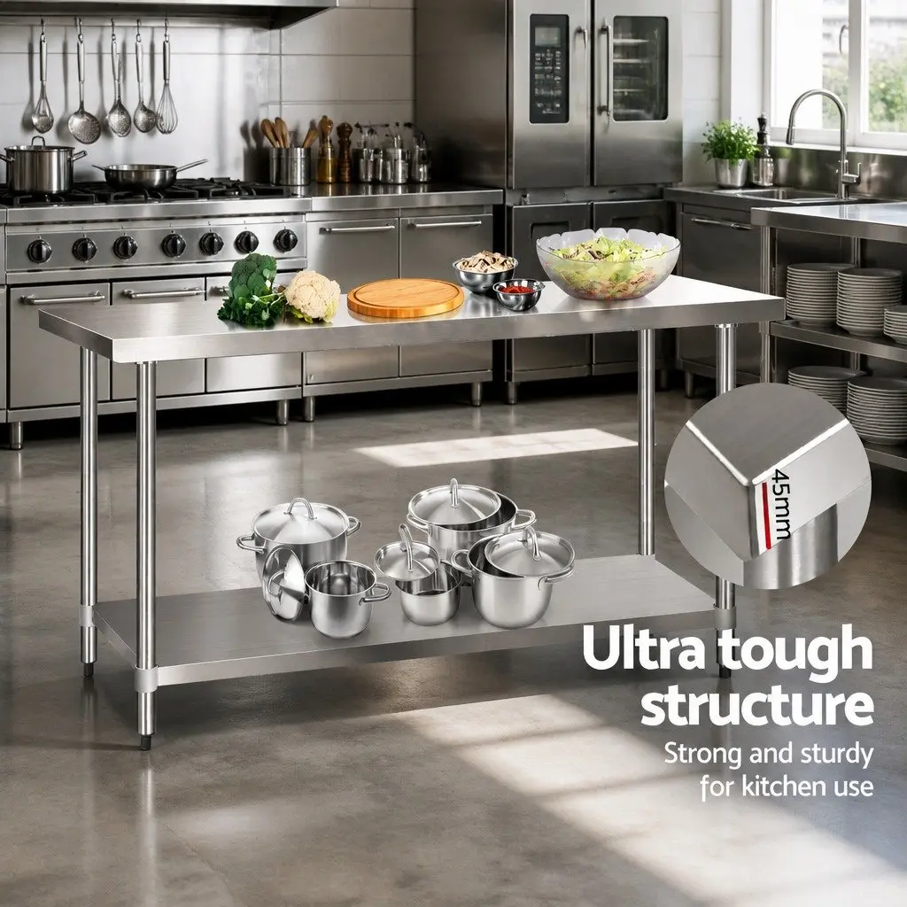 Stainless Steel Food Preparation Workbench 1829x610mm Heavy Duty with Adjustable Under-shelving and Bullet Feet Silver