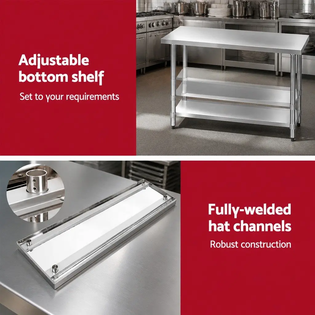 Stainless Steel Food Preparation Workbench 1829x610mm Heavy Duty with Adjustable Under-shelving and Bullet Feet Silver