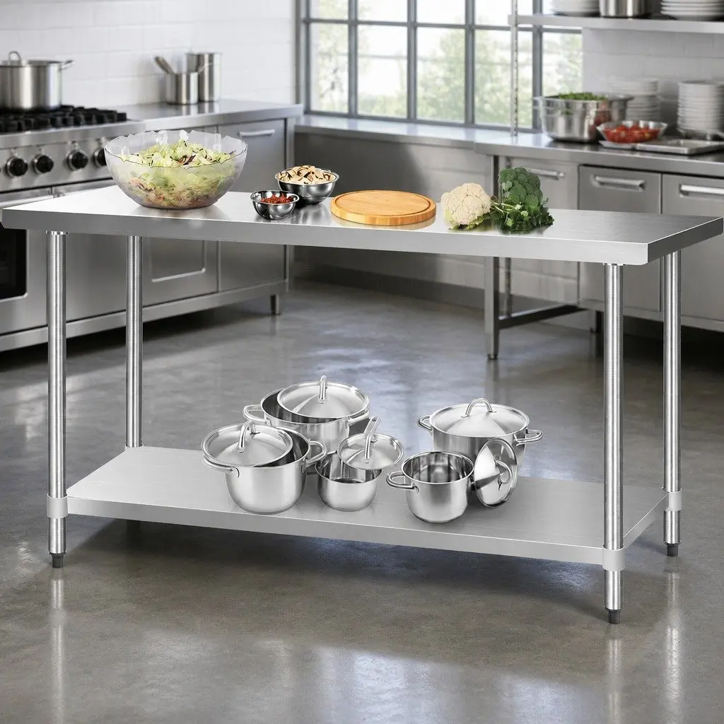 Stainless Steel Food Preparation Workbench 1829x610mm Heavy Duty with Adjustable Under-shelving and Bullet Feet Silver