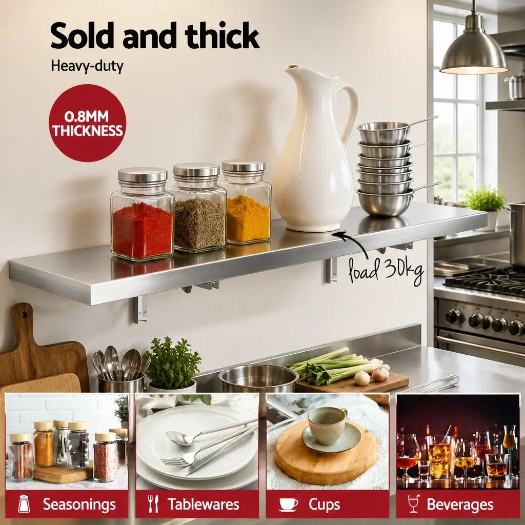 Wall Shelf Stainless Steel 1200x300mm Silver Floating Kitchen Storage Rack