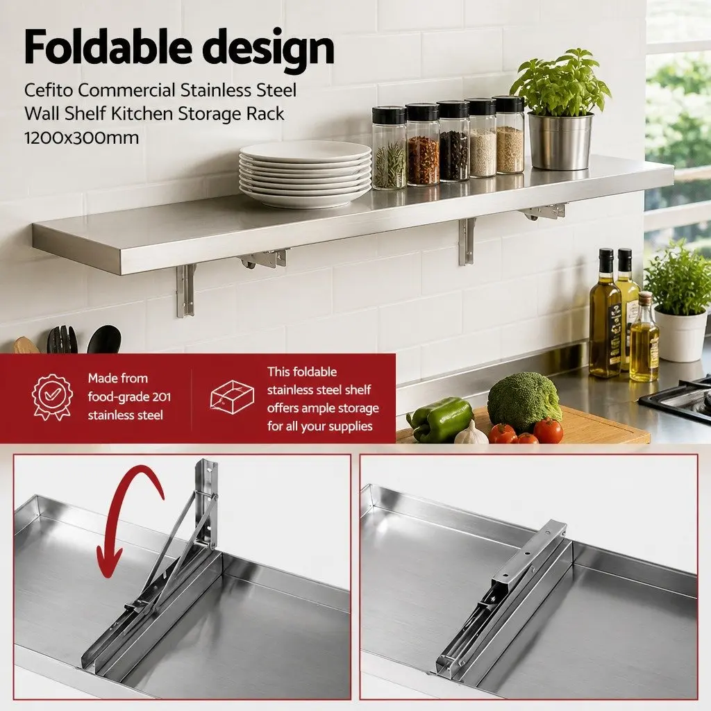 Wall Shelf Stainless Steel 1200x300mm Silver Floating Kitchen Storage Rack