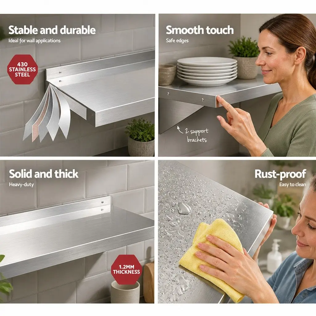 Wall Mounted Shelf Heavy Duty Stainless Steel 1800mm Silver Storage Unit