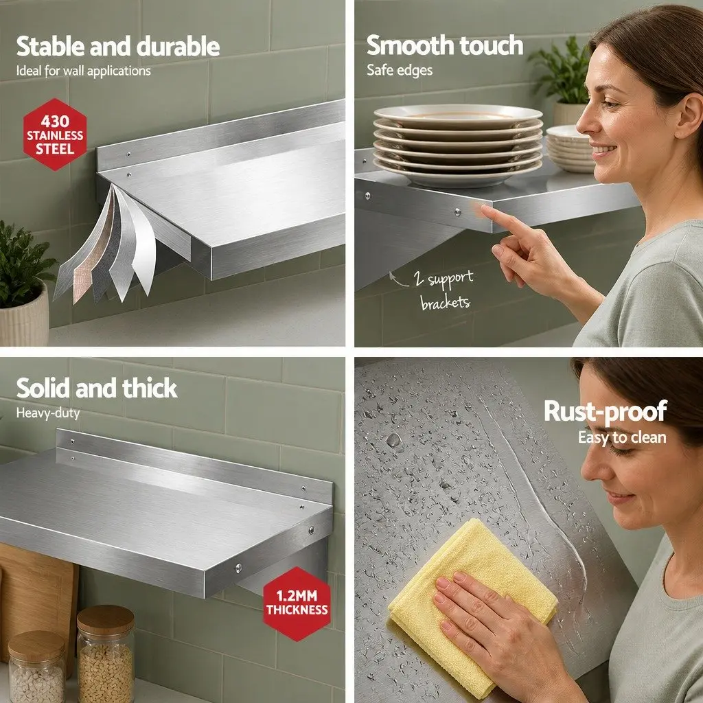 Stainless Steel Kitchen Wall Shelf 900mm Silver Heavy Duty Mounted Rack Storage Display