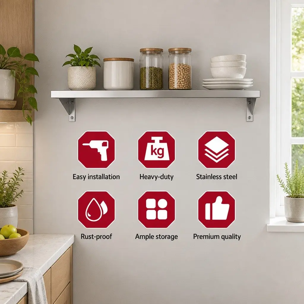 Stainless Steel Kitchen Wall Shelf 900mm Silver Heavy Duty Mounted Rack Storage Display