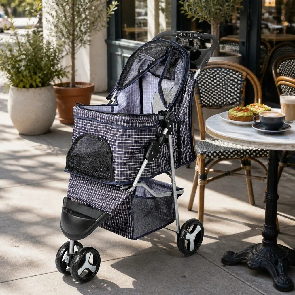 Large Pet Stroller Dog Cat Carrier Plaid Foldable Pram One-Step Fold Wheel