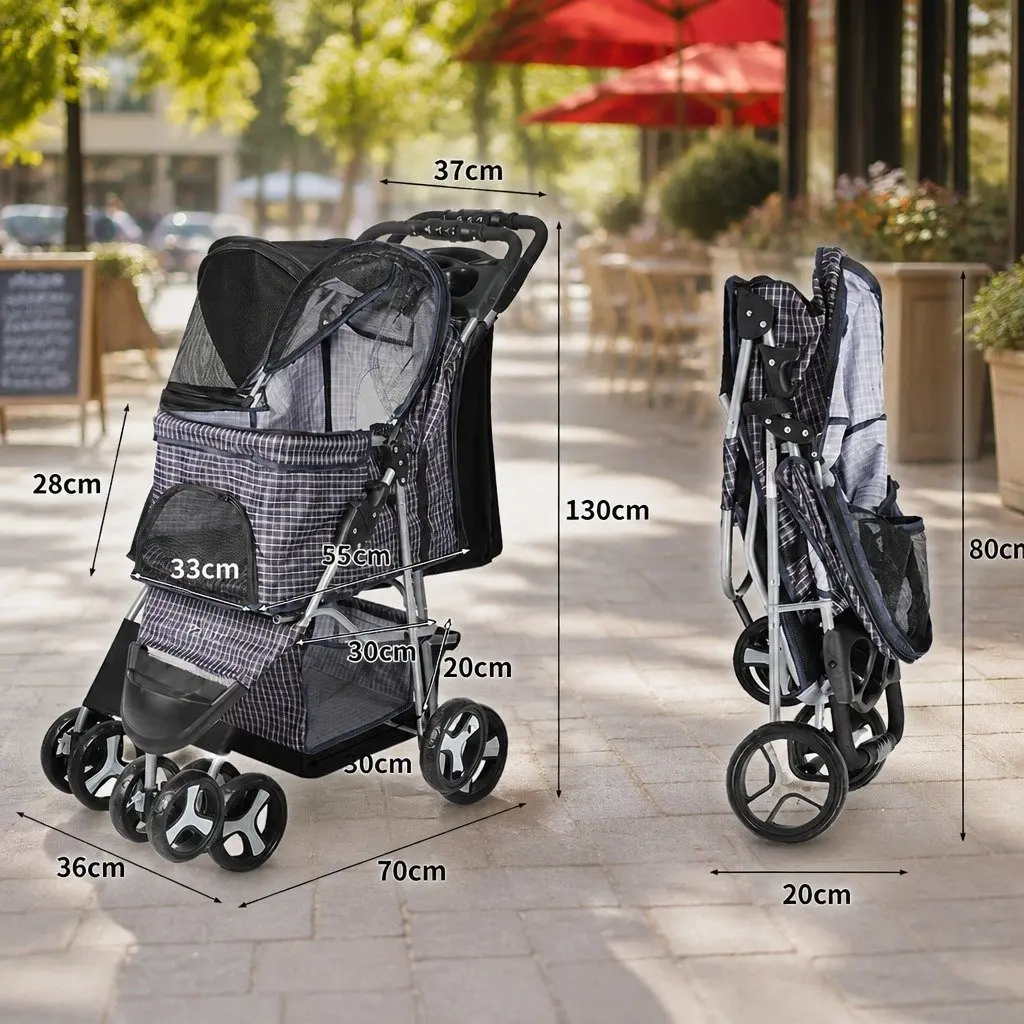 Large Pet Stroller Dog Cat Carrier Plaid Foldable Pram One-Step Fold Wheel