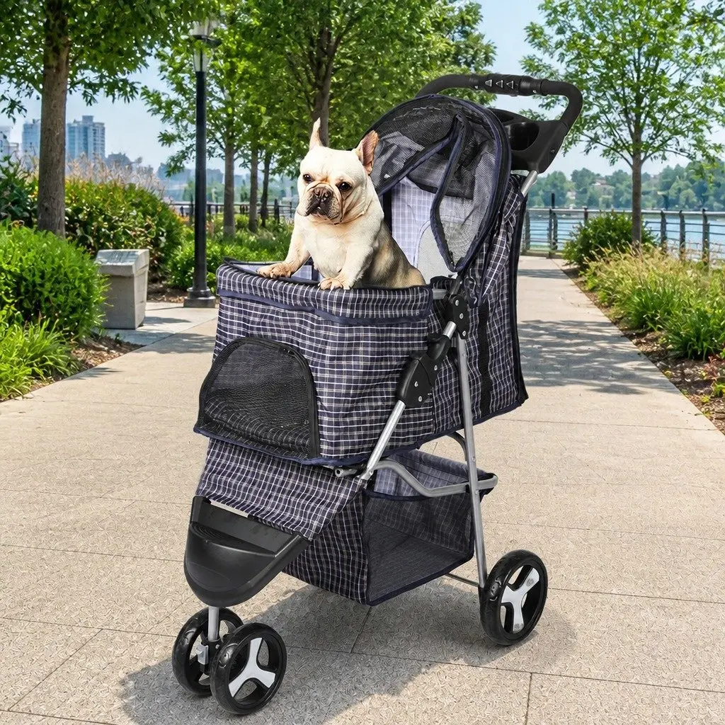 Large Pet Stroller Dog Cat Carrier Plaid Foldable Pram One-Step Fold Wheel