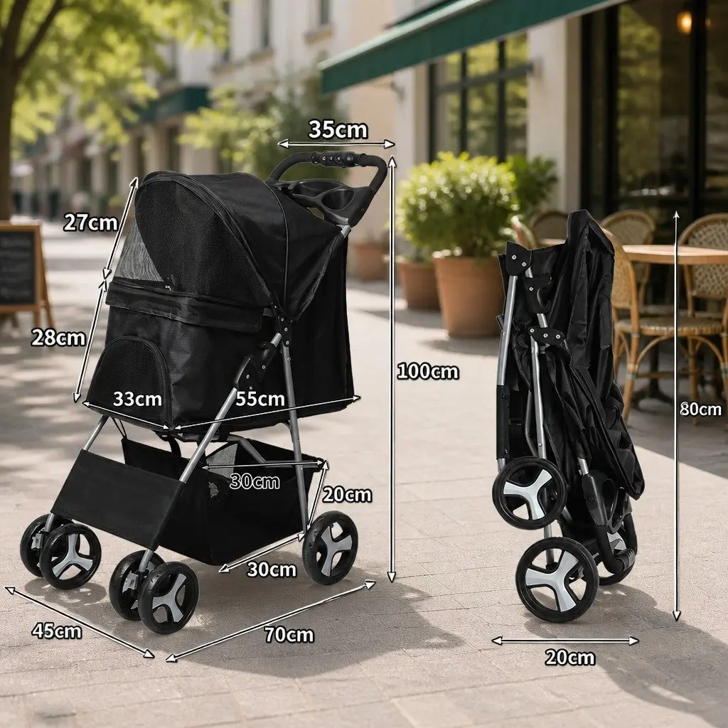 Pet Stroller 4 Wheels Dog Cat Pram Foldable Portable Travel Carrier Black