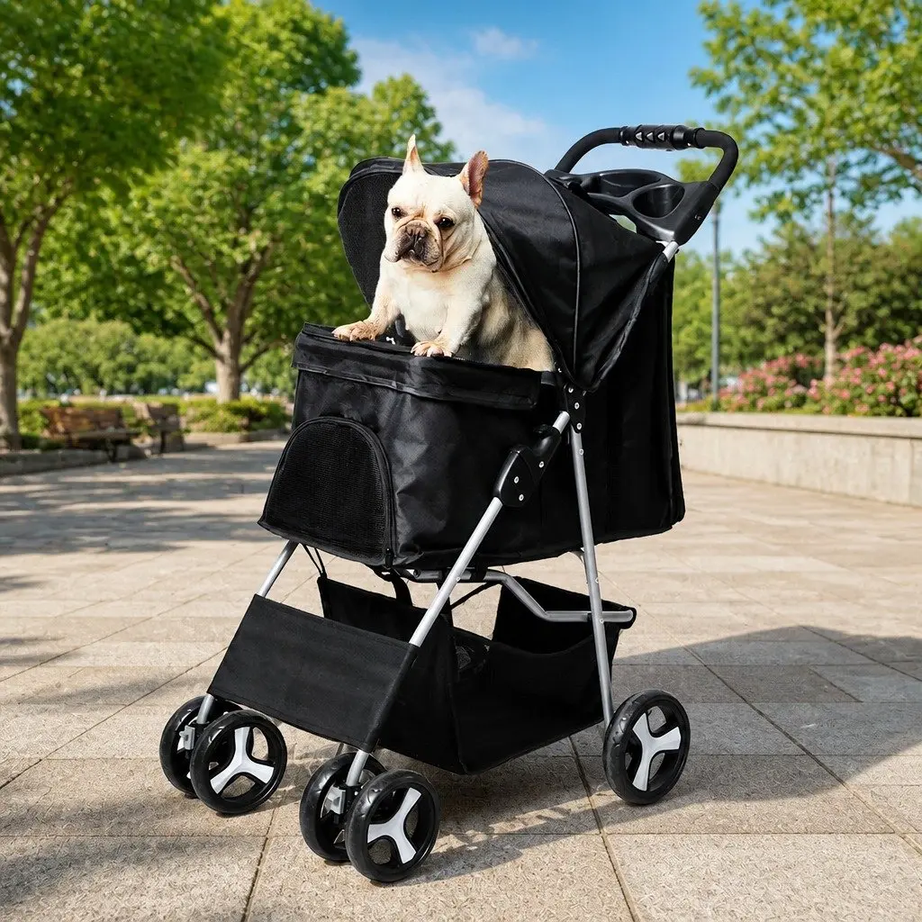 Pet Stroller 4 Wheels Dog Cat Pram Foldable Portable Travel Carrier Black