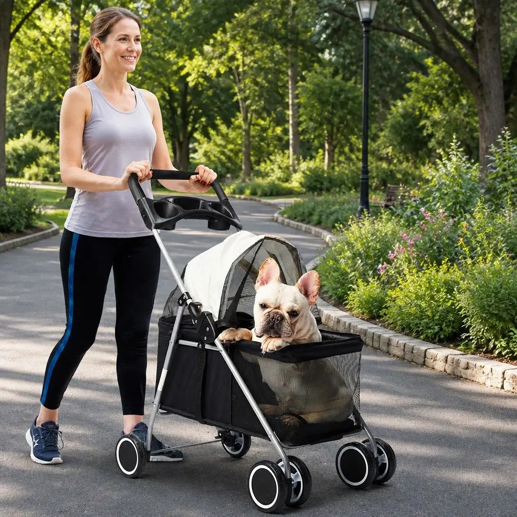 Pet Stroller Foldable Portable Travel Jogger Steel 600D Oxford Black