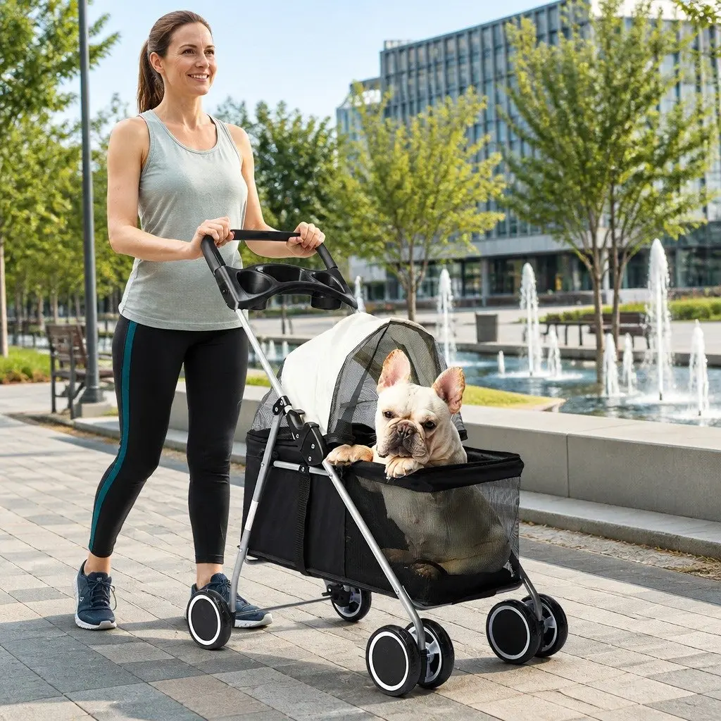 Pet Stroller Foldable Portable Travel Jogger Steel 600D Oxford Black