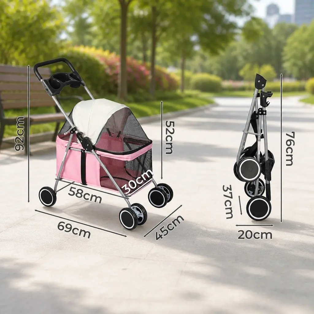 Pet Stroller Foldable Steel 45cm W x 69cm D x 92cm H Pink