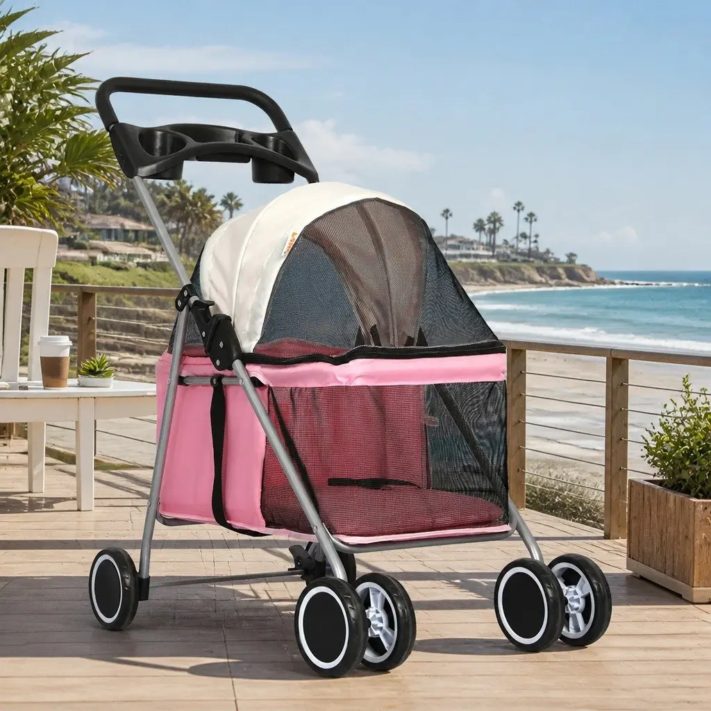 Pet Stroller Foldable Steel 45cm W x 69cm D x 92cm H Pink
