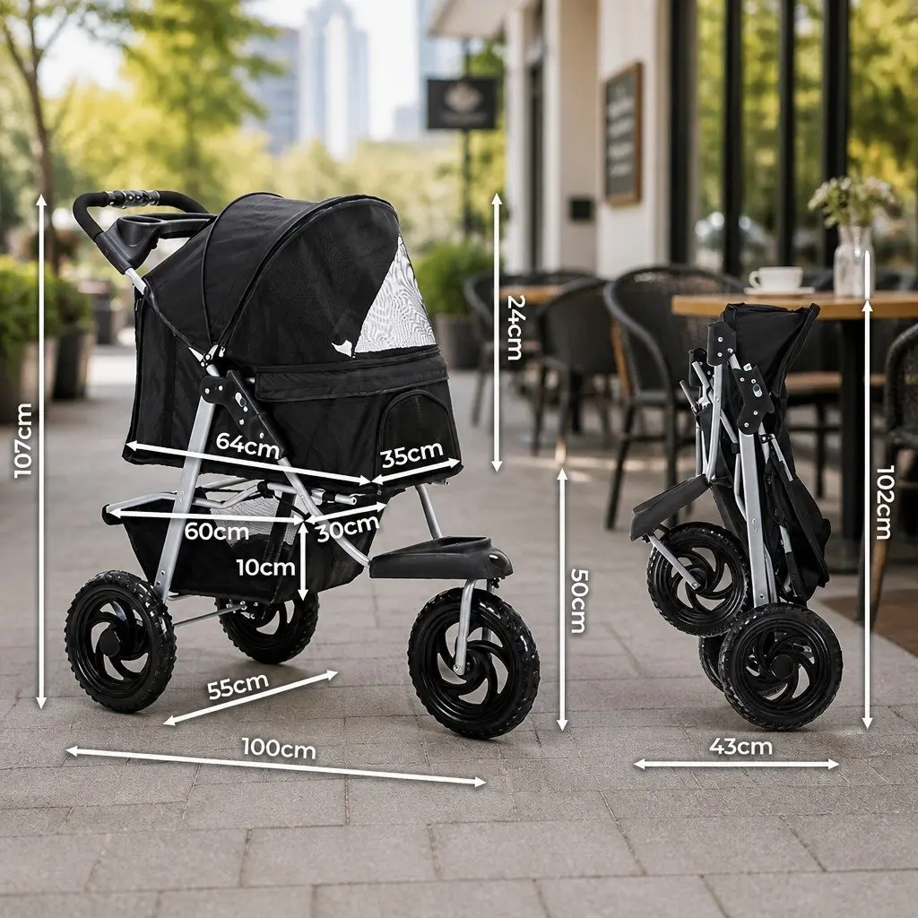 Pet Stroller Dog Cat Carrier Pram Elevated Design Foldable Wheels Basket