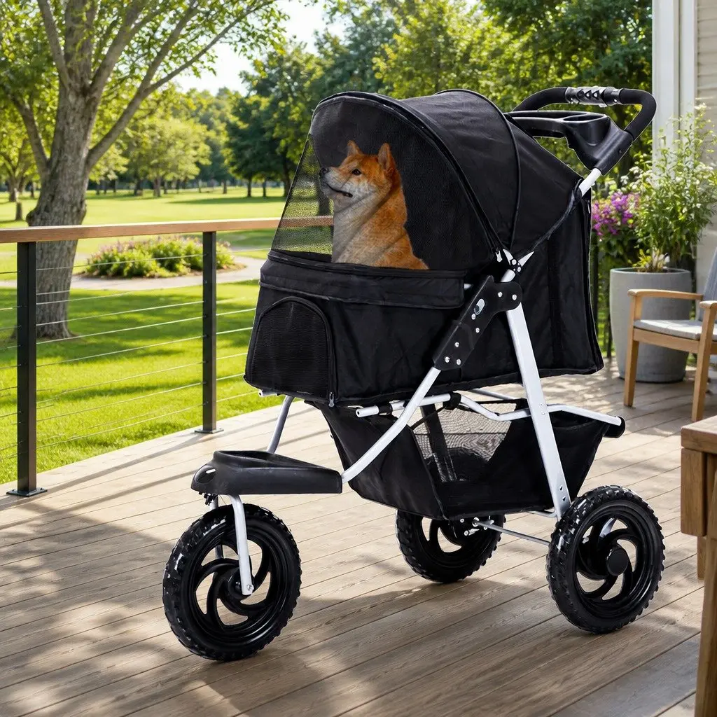 Pet Stroller Dog Cat Carrier Pram Elevated Design Foldable Wheels Basket