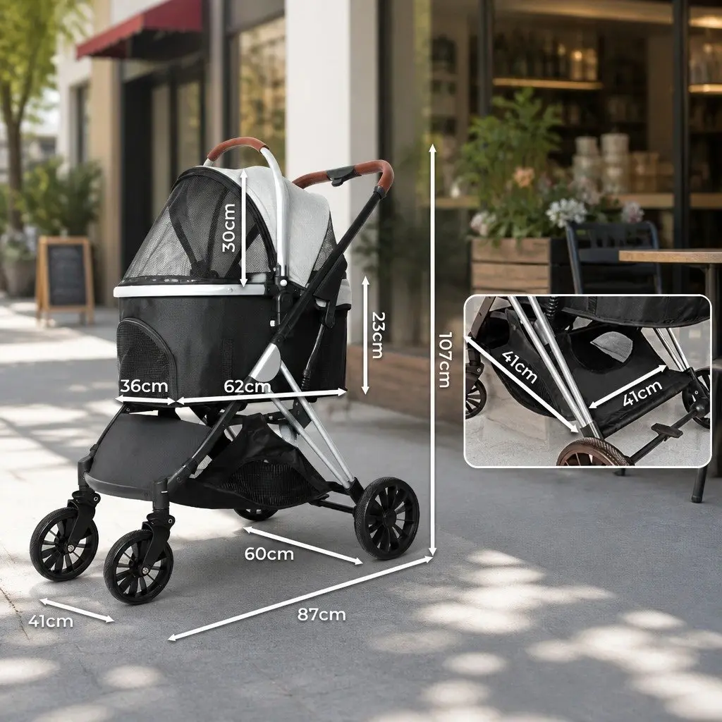 Pet Stroller Aluminium Alloy Foldable 87cm x 60cm x 101cm Grey and Black