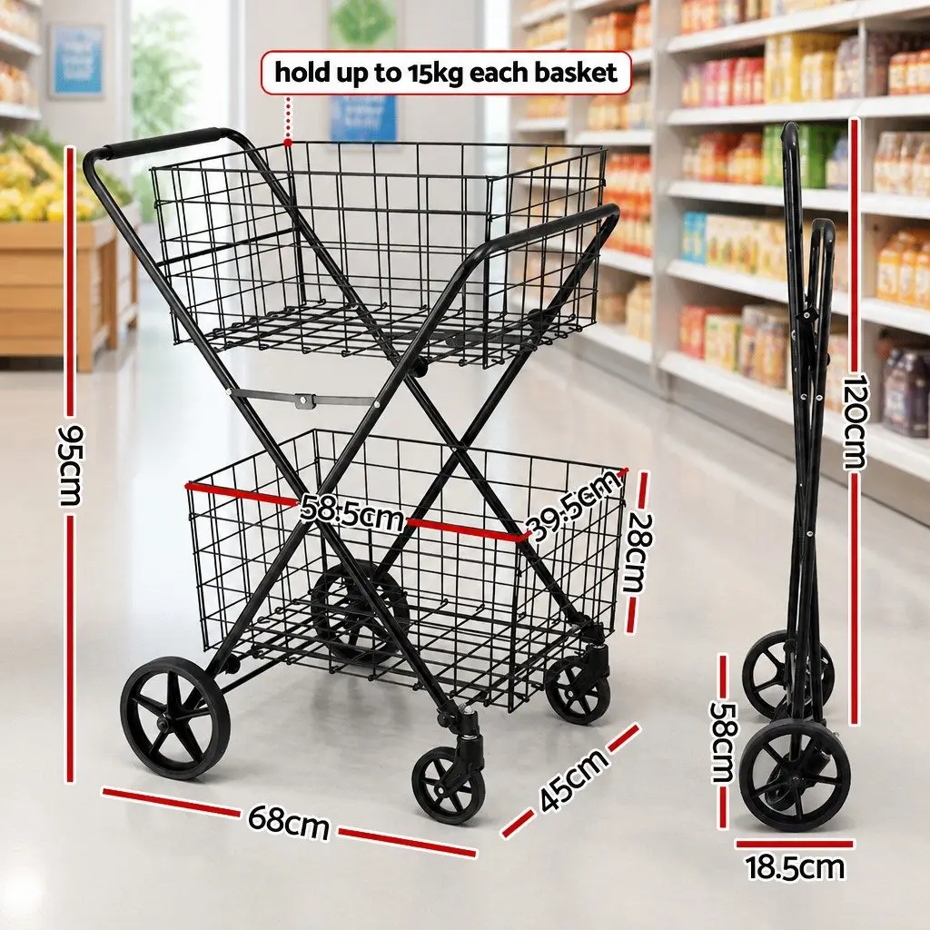 Foldable Shopping Trolley Cart Metal Black 75cm L x 95cm W x 62.5cm H